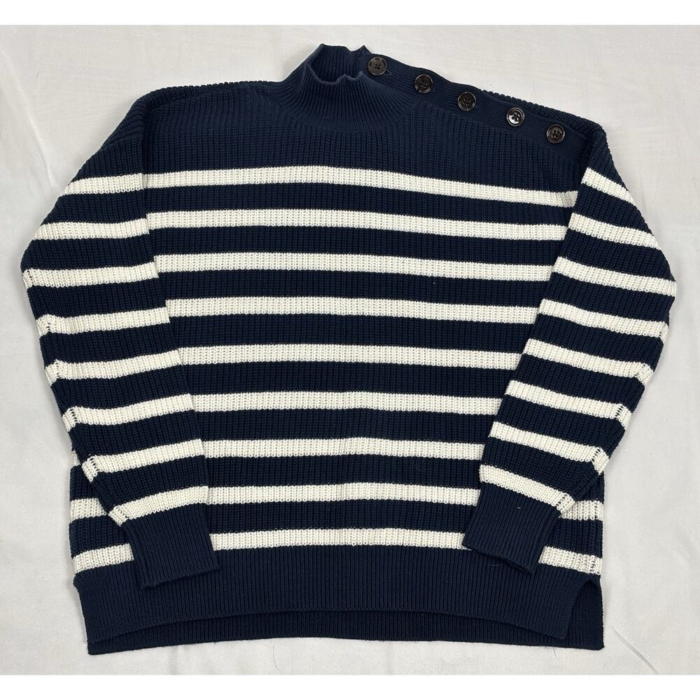LOFT Striped Shoulder Button Mock Neck Sweater Navy Blue White Stripe Size S